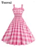 Robes décontractées Tonval Ruffle Trim Taille élastique Été Longue 2024 Femmes Rose et Blanc Plaid Cocktail Party Dames Robe Vintage