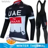 Cykeltröja sätter 2024 Nya UAE Winter Thermal Fleece Set Cycling Clothes Men's Jersey kostym Sport Riding Bike Mtb Clothing Bib Pants Warm Set Ropal240108