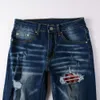 Mens Designer Pants Purple Jeans Amris 1318 Trendy High Street Hole Patch Jeans Blue Men's Jeans Korean Edition