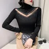 Women's T Shirts 2024 Spring Autumn Turtleneck Long Sleeved S Fashion Casual Diamond Hollow Out Black Mesh Tops