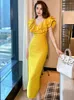 Vestidos de festa moda feminina francês maxi vestido mulher amarelo babados manga sem costas fenda bodycon robe vestidos baile banquete anfitrião vestido