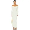 Casual Dresses Tossy White Pleated Slim Maxi Dress Elegant For Women Patchwork Off-Shoulder Fashion High midje Ladies Solid Party