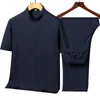 Men's Tracksuits 2-Piece Shirt Pants Set Pocket Breathable Ice Silk Elastic Waist Stylish Stand Collar Summer Outfit Clothes