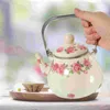 Dinnerware Sets Enamel Teapot 1L Water Tea Kettle Decorative Flower Reusable Pot With Strainer