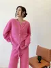 Pijamas femininos coral veludo pijamas estilo coreano duas peças conjunto inverno engrossado flanela com decote em v botão calças superiores pijamas para mulher