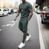 Herrspårar Fitness Tracksuit 2 -stycken Set Summer Solid Sport Hawaiian Suit Short Sleeve T Shirt and Shorts Casual Fashion Man Clothing