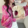 Damenblusen 2024 Rosa bedrucktes einreihiges Polo-Oberteil mit Laternenärmeln Chiffon-Hemd