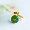 클러스터 반지 중국 스타일 Hetian Jade Peace Buckle Ring Sterling Silver Gilding 에나멜 Ruyi South Red Retro Opening Index Finger W