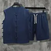 Tute da uomo Estate Gilet cinese in cotone e lino Abito in due pezzi con fibbia allentata Gilet stile cinese Casual per la casa