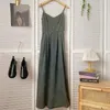 Sıradan Elbiseler Spagetti kayış denim yüce A-line elastik yüksek wasit düz renkler femme vestidos Kore moda sıska elbise