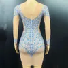 Stage Wear Nude Long Sleeves Shining Blue Rhinestones Sexy Dress For Women Evening Party Clothing Singer Costumes Entertainer