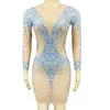 Stage Wear Nude Long Sleeves Shining Blue Rhinestones Sexy Dress For Women Evening Party Clothing Singer Costumes Entertainer