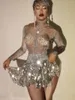 Bühnenkleidung Silber glänzende Strasssteine Pailletten Sexy Quastenkleid für Frauen Prom Jazz Dance Kleidung Nachtclub Bar Sänger Kostüme