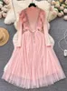 2024 Fashion Sweetheart Girl Stone Diamond Sticked Mesh Fold Dress Cute Kawaii Sheer Pearl Flower With Midi Vest 240108