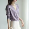 Women's T Shirts Summer Mid Sleeved V-neck Purple Ice Silk Knit T-shirt Top