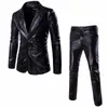 Bronzing Shiny Gold Silver Suits Blazer Men Faux Leather Thin Suit Pants Black Fashion Wedding Party Stage Costumes 240108