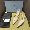 Designer Luxury Triangle Logo Cielo White Pointed Toe Slingback Pump Kitten Heel Shoes With Box