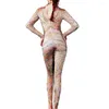 Bühnenkleidung Sparkly Rhiestones Blumendruck Frauen Overall Langarm Stretch Enge Bodys Nachtclub Tanz Pole Dance Outfit