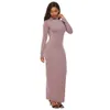 S-5XL Plus Size Festa Cor Sólida Mulheres Manga Longa Gola Bodycon Maxi Vestido Outono Inverno Slim Vestidos Sexy Damasco/Preto/ 240108