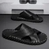 Slippers Italian Hand-stitched Cross Leather For Men 2024 El Beach Summer Shoes High Quality Light Flats Male Flip Flops