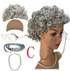 Ensemble de costumes de cosplay de vieille dame, bonnet de perruque de grand-mère avec bonnet de tissage, lunettes, perles, collier, boucles d'oreilles pour fête d'Halloween 30 240108