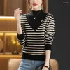 Women's T Shirts Clothing Interior Lapping Printing Striped Autumn Winter Thin Ladies Patchwork Pullovers Turtleneck Long Sleeve Sweater