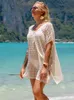 2024 blanc tricoté Sexy bord dentelle gland cousu plage Mini robe été femmes plage vêtements robe ample Q1422 240108