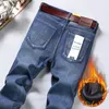 Winter Fleece Warm Men's Jeans Affär Fashion Straight Thicken Blue Stretch Denim Trousers Classic Pants Plus Size 2840 240108