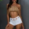 Women's Swimwear Leisure Beach Crochet Bikini Cover Up Solid Color Tie Neck Tassel Swimsuit Plus Size Women Bathing Suit Ups