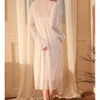 Mulheres rendas roupão vestido de noite lingerie íntima kimono robe tie-up manga longa sheer babydoll nightdress 2 peça conjunto 240106