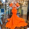 Vestidos de baile de baile africanos da Nigéria Orange Plus Tamanho Mermaid Mangas longas para ocasiões especiais Vestidos de cetim de miçangas Vestidos de festa de aniversário Gala AM352