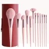 Pennelli Set di pennelli per trucco professionale 12 pezzi Pennelli in fibra PBT rosa tenue per viso e occhi Pennello per fondotinta soffice, fard e ombretto