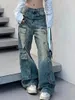Jeans femininos high street branco azul multi-bolso reto perna larga jean para mulher 2024 casual versátil emagrecimento de pernas largas de cintura alta