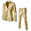 Bronzing Shiny Gold Silver Suits Blazer Men Faux Leather Thin Suit Pants Black Fashion Wedding Party Stage Costumes 240108