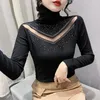 Women's T Shirts 2024 Spring Autumn Turtleneck Long Sleeved S Fashion Casual Diamond Hollow Out Black Mesh Tops