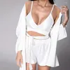 Women's Sleepwear Autumn Sexy Camisole Pajama Three Piece Set Cardigan Long Sleeved Shorts Loose Silky Disfraz Mujeres