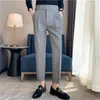 Britse Stijl Mannen Hoge Taille Casual Jurk Broek Mannen Riem Ontwerp Slanke Broek Formeel Kantoor Sociale Bruiloft Jurk Pak broek 240106