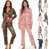 Pijamas de seda conjunto para mulheres sleep lounge wear feminino pijamas leopardo moda senhora manga longa calças nightwear sexy primavera 240108