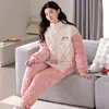 Women's Sleepwear Three-layer Clip Cotton Pajamas Women Flannel Quilted Female Warm Pijamas Mujer