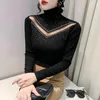 Women's T Shirts 2024 Spring Autumn Turtleneck Long Sleeved S Fashion Casual Diamond Hollow Out Black Mesh Tops