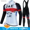 Cykeltröja sätter 2024 Nya UAE Winter Thermal Fleece Set Cycling Clothes Men's Jersey kostym Sport Riding Bike Mtb Clothing Bib Pants Warm Set Ropal240108