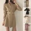 Mulheres blazer lapela manga longa com cinto cintura apertada cor sólida ol estilo formal de negócios vintage coreano commute senhora terno casaco 240108