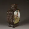 Бутылки Китайская желтая фарфоровая фигурка Famille Rose Дизайн картины Плоская ваза 7,50 дюймов
