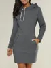 Robe à capuche avec poches pour femme, longueur aux genoux, Sweat-shirt chaud, manches longues, fermeture éclair latérale, décolleté Simple, couleur unie, robes féminines décontractées