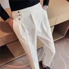 Pantalones de vestir de cintura alta para hombre de estilo británico, pantalones casuales de Color sólido de otoño, pantalones de traje formales ajustados, ropa de moda para hombre 240106