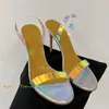 Sandales d'été à bout ouvert en PVC pour femmes, couleurs acidulées, lanière à la cheville, talons hauts, robe de soirée, 2024