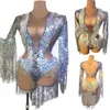 Stage Wear Tassel Crystal Rhinestone Bodysuits Bodycon Women Long Sleeves Latin Dance Birthday Costume Party Nightclub Outfit Rompers