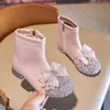 Botas sapatos de couro para meninas glitter tornozelo crianças vestido de salto baixo botas moda lado zíper geléias criança