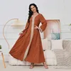 Vêtements ethniques Musulman Abayas Slim-Fit Robe Cordon Élégant Maxi Lâche Col V Tempérament Chic À Manches Longues Abaya Pour Femmes Robes