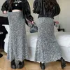 Jupes taille haute jupe longue à paillettes pour femmes printemps automne élégant chic style français décontracté coupe cintrée Bling Maxi queue de poisson 1311